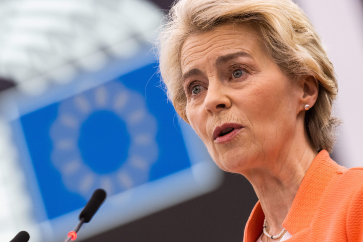 Discours d'Ursula von der Leyen, présidente de la Commission européenne, devant le Parlement européen mardi 18 avril 2023 (Philipp Von Ditfurth/ZUMA Press/REA)