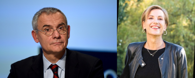 Thierry Mallet, du Medef, et Stéphanie Robert, de l'Afep (©ERIC PIERMONT / AFP et compte linkedin de Stéphanie Robert)