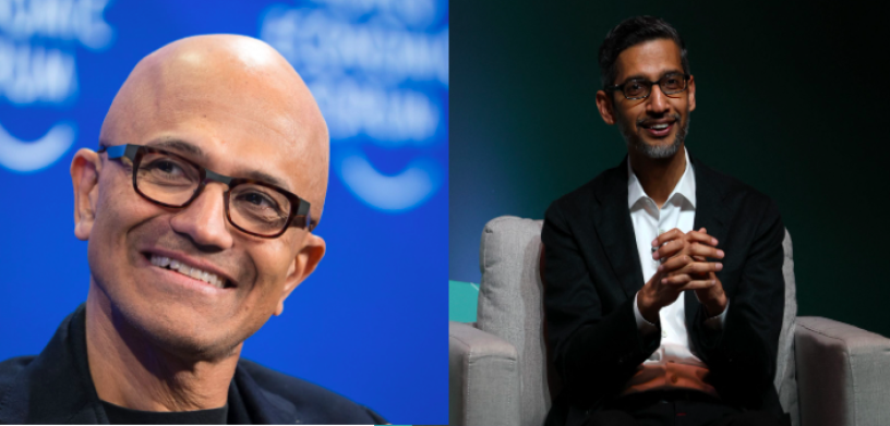 Satya Nadella, CEO de Microsoft et Sundar Pichai, CEO d'Alphabet (Fabrice COFFRINI / AFP & JUSTIN SULLIVAN / GETTY IMAGES NORTH AMERICA / Getty Images via AFP)