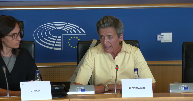 Margrethe Vestager, commissaire européenne à la Concurrence, lors de son audition au Parlement mardi 18 juillet - DR