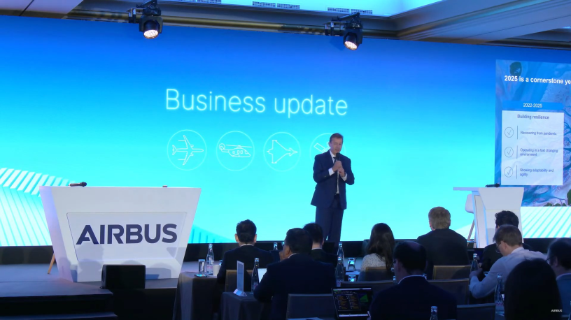Guillaume Faury, le PDG d'Airbus, lors du Business Update, la présentation stratégique d’Airbus au salon du Bourget