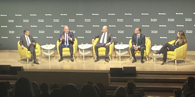 Conférence Bloomberg, de gauche à droite : Alan Katz, Stéphane Boujnah, Sandro Pierri, Nicolas Namias et Vanessa Holtz (DR)