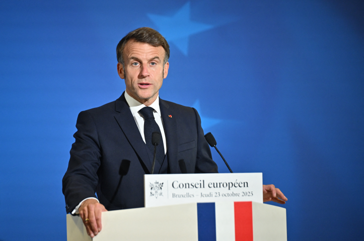 Emmanuel Macron en conférence de presse après le Conseil européen du 23 octobre. (Photo by Dursun Aydemir / Anadolu via AFP)