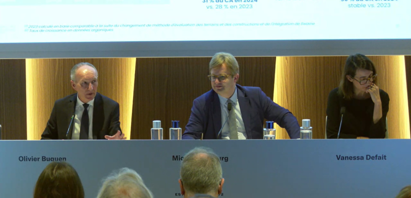 De gauche à droite, Olivier Buqen, directeur général adjoint, Michael Fribourg, président-directeur général, et Vanessa Defait, directrice juridique de la Compagnie Chargeurs Invest, lors de l'assemblée générale des actionnaires le 9 avril 2025