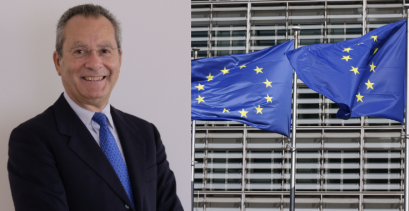A gauche, Carlo Comporti, nommé président de l'ESMA (crédits : ESMA). A droite, drapeaux de l'UE (crédits : nicolas economou / nurphoto / nurphoto via afp)