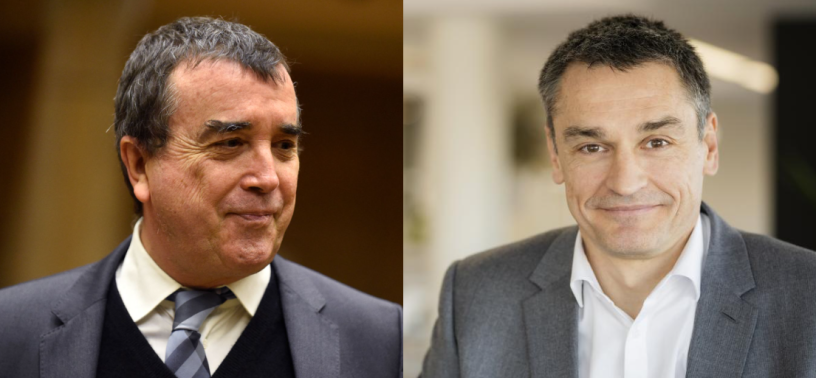 Arnaud Lagardère  (Photo : JULIEN DE ROSA / AFP) et Frédéric Chevalier (crédits : site de Lagardère Travel Retail)