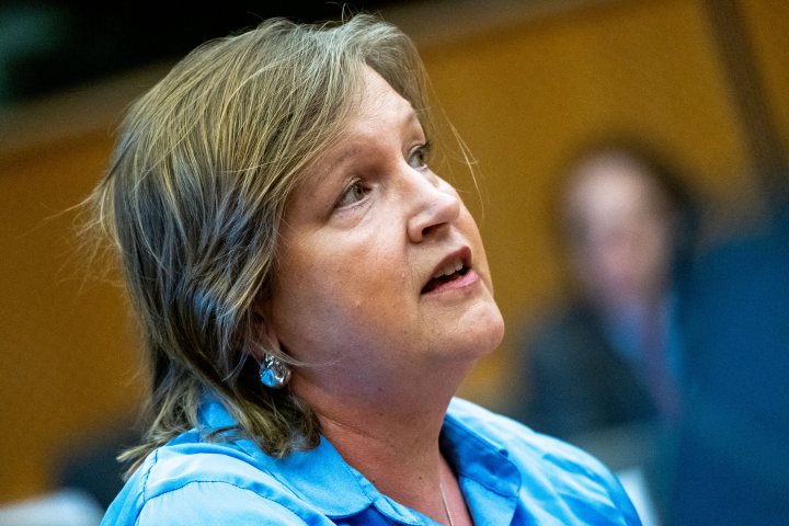 Karin Karlsbro, eurodéputée du groupe Renew et rapporteure de la commission du commerce international sur le règlement sur l'acier.  (Photo de Martin Bertrand / Hans Lucas / Hans Lucas via AFP)