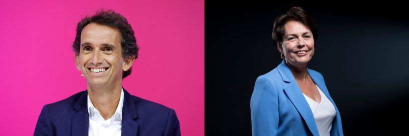 Alexandre Bompard, PDG de Carrefour et Véronique Bédague, PDG de Nexity (©LUDOVIC MARIN / AFP-JULIEN DE ROSA / AFP)
