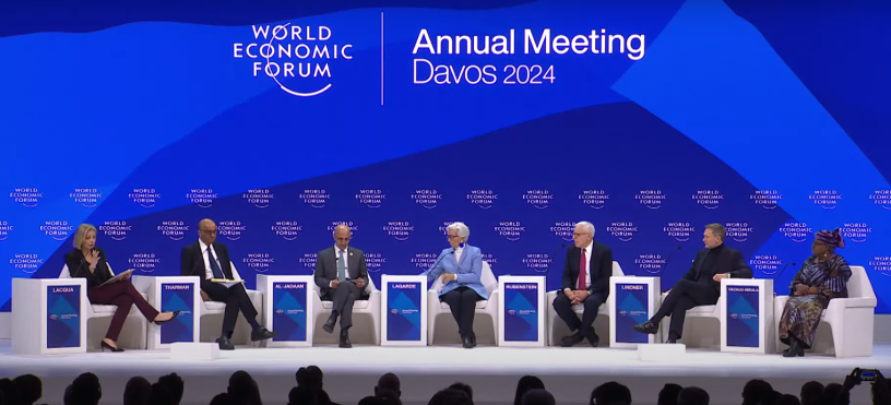 Tharman Shanmugaratnam, président de Singapour, Mohammed Al-Jadaan, ministre des Finances de l’Arabie saoudite, Christine Lagarde, présidente de la Banque centrale européenne, David Rubenstein, co-président de Carlyle, Christian Lindner, ministre des Finances de l'Allemagne et Ngozi Okonjo-Iweala, directrice générale de l'Organisation mondiale du commerce - DR  