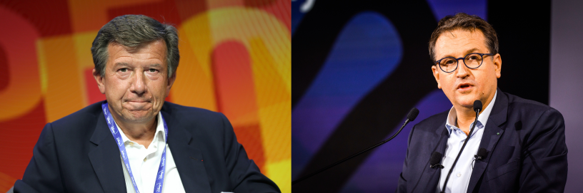 Gilles Pelisson, PDG du groupe TF1, et son successeur, Rodolphe Belmer - Franck CRUSIAUX/REA et Eric TSCHAEN/REA