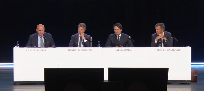 De gauche à droite, Eric de Seynes, Henri-Louis Bauer, Axel Dumas et Eric du Halgouët, lors de l'assemblée générale d'Hermès le 30 avril 2025