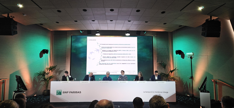 L'équipe dirigeante de BNP Paribas lors de la présentation des résultats 2025 de la banque le 5 février 2026.