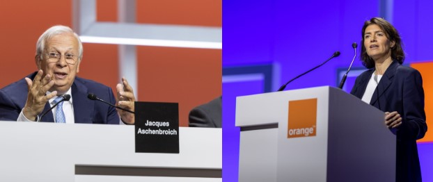 Jacques Aschenbroich, président du conseil d'administration d'Orange et Christel Heydemann, directrice générale, lors de l'assemblée générale 2025 du groupe. Crédits : Orange
