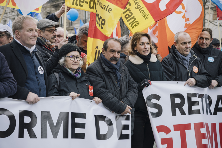 Les leaders syndicaux réunis à Paris le 31 janvier pour défiler contre la réforme des retraites (Thierry STEFANOPOULOS/REA)