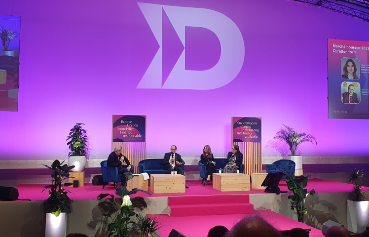 Wilfrid Galand, directeur stratégiste de Montpensier Finance, et Delphine d’Amarzit, présidente-directrice générale d’Euronext Paris, lors de l'Investir Day 2023